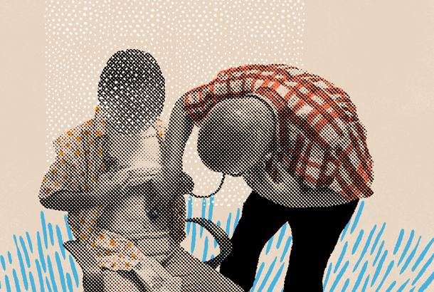 Torture survivor and a doctor (illustration by Vérane Cottin, photograph by MAG) 