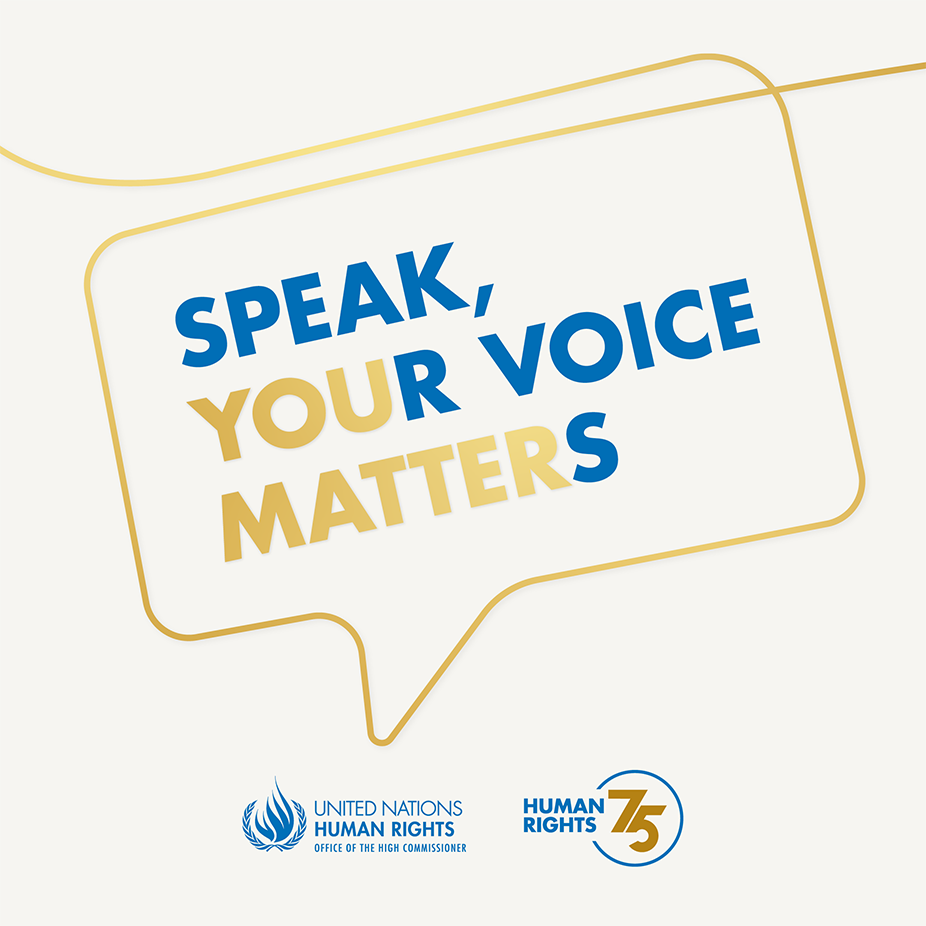 Graphic speech bubble that says: Speak, your voice matters