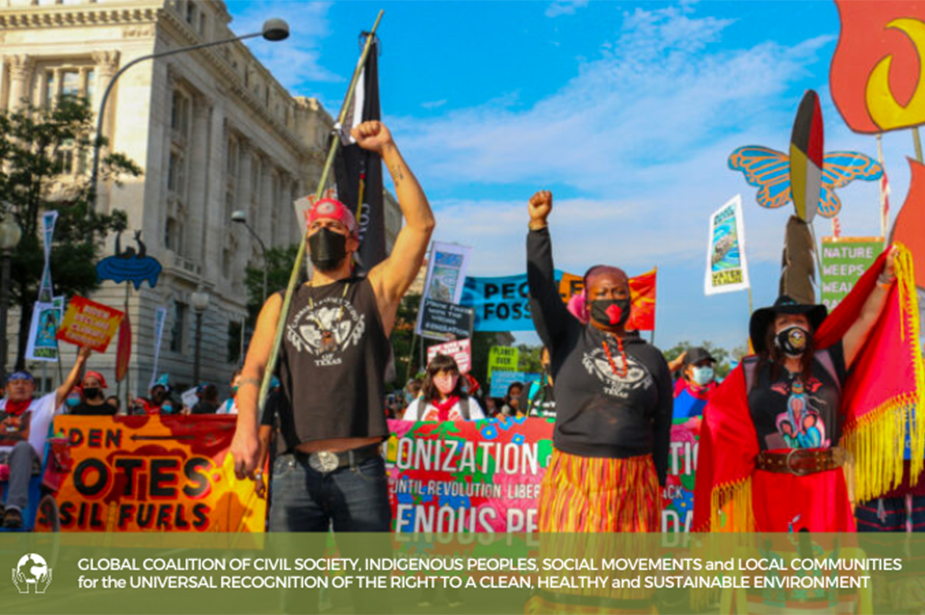 Members of the Global Coalition for the right to a healthy environment during a demonstration. GLOBAL COALITION