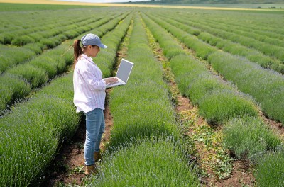 A woman checks the conditions of plants in a lavender field using her computer in Bulgaria © Daniel Balakov/Getty Images