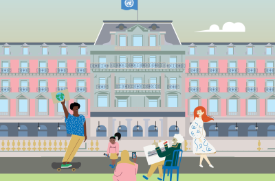 Illustration of Palais Wilson with people in front