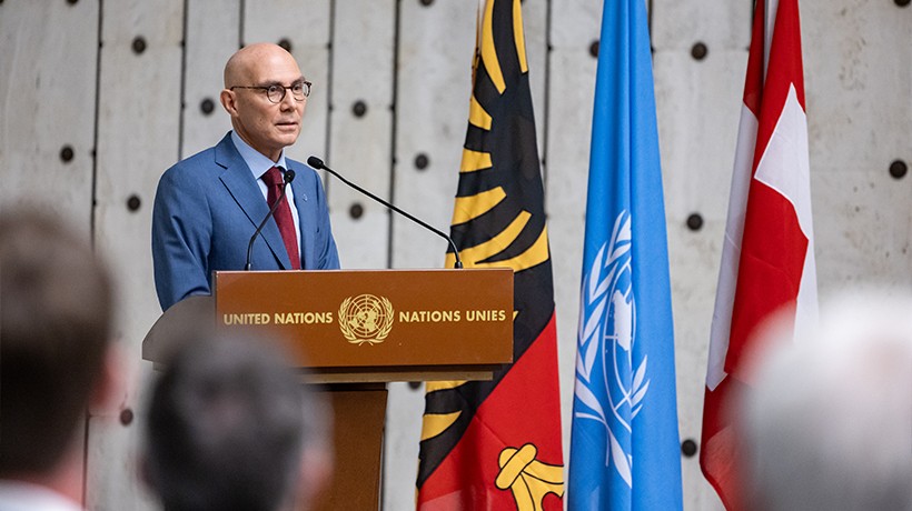 UN Human Rights Chief Volker Türk speaks at a reception hosted by the Swiss government during an event in Geneva to commemorate the 75th anniversary of the adoption of the Universal Declaration of Human Rights. ©OHCHR/ Pierre Albouy