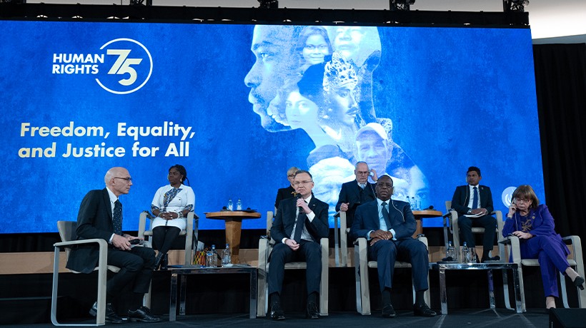 UN Human Rights Chief Volker Türk moderates a panel discussion with heads of State and Government during the second day of a high-level event in Geneva to commemorate the 75th anniversary of the adoption of the Universal Declaration of Human Rights. © OHCHR/Jean Marc Ferré