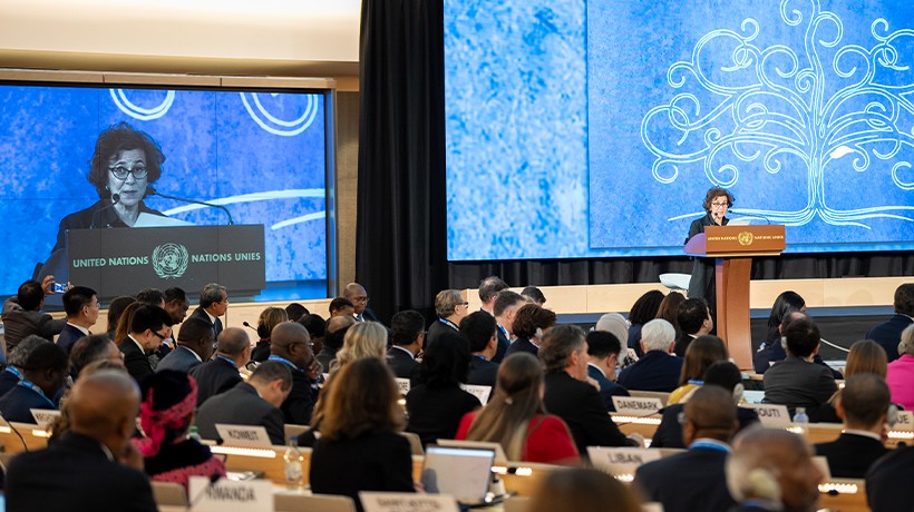 UN Deputy High Commissioner for Human Rights Nada Al-Nashif moderates a pledging session in which Member States announce commitments to advance the protection of human rights. ©OHCHR/Jean Marc Ferré