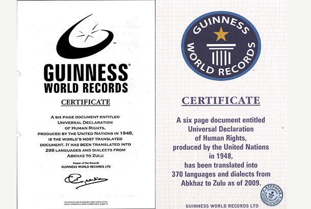 Guinness World Record certificates for UDHR translations