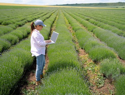 A woman checks the conditions of plants in a lavender field using her computer in Bulgaria