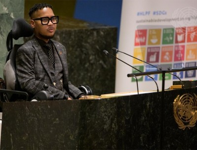 UN SDG advocate Eddie Ndopu addresses representatives during the High Level Political Forum.© UN Photo/Manuel Elias
