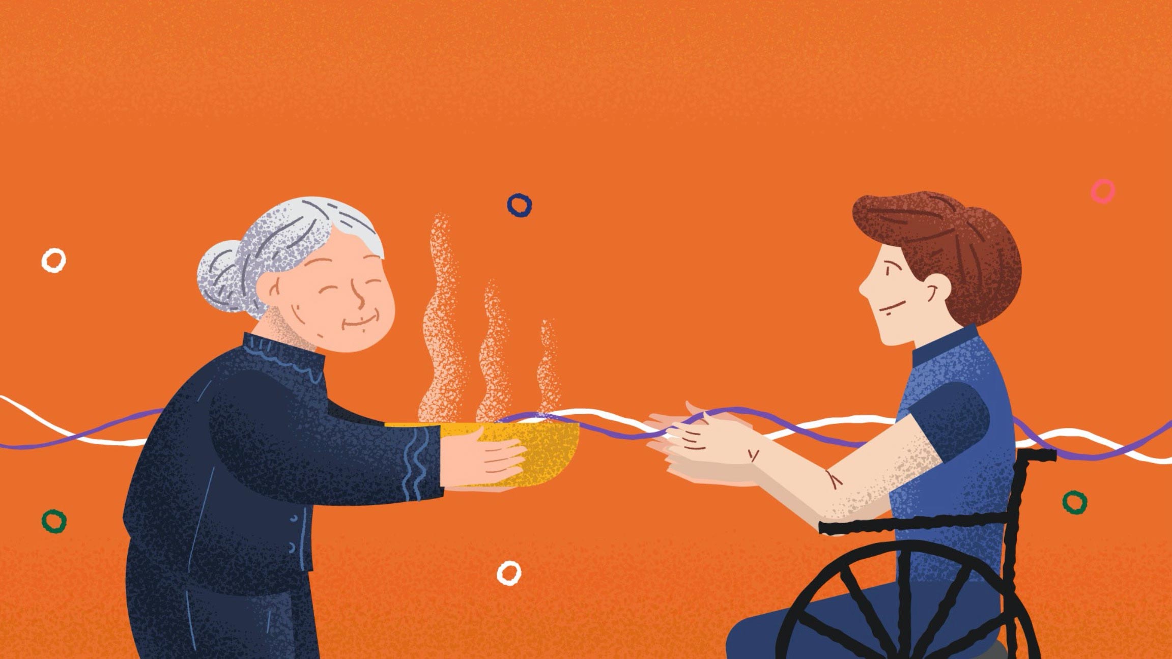  Illustration of an older woman handing a bowl of food to a man in a wheelchair 