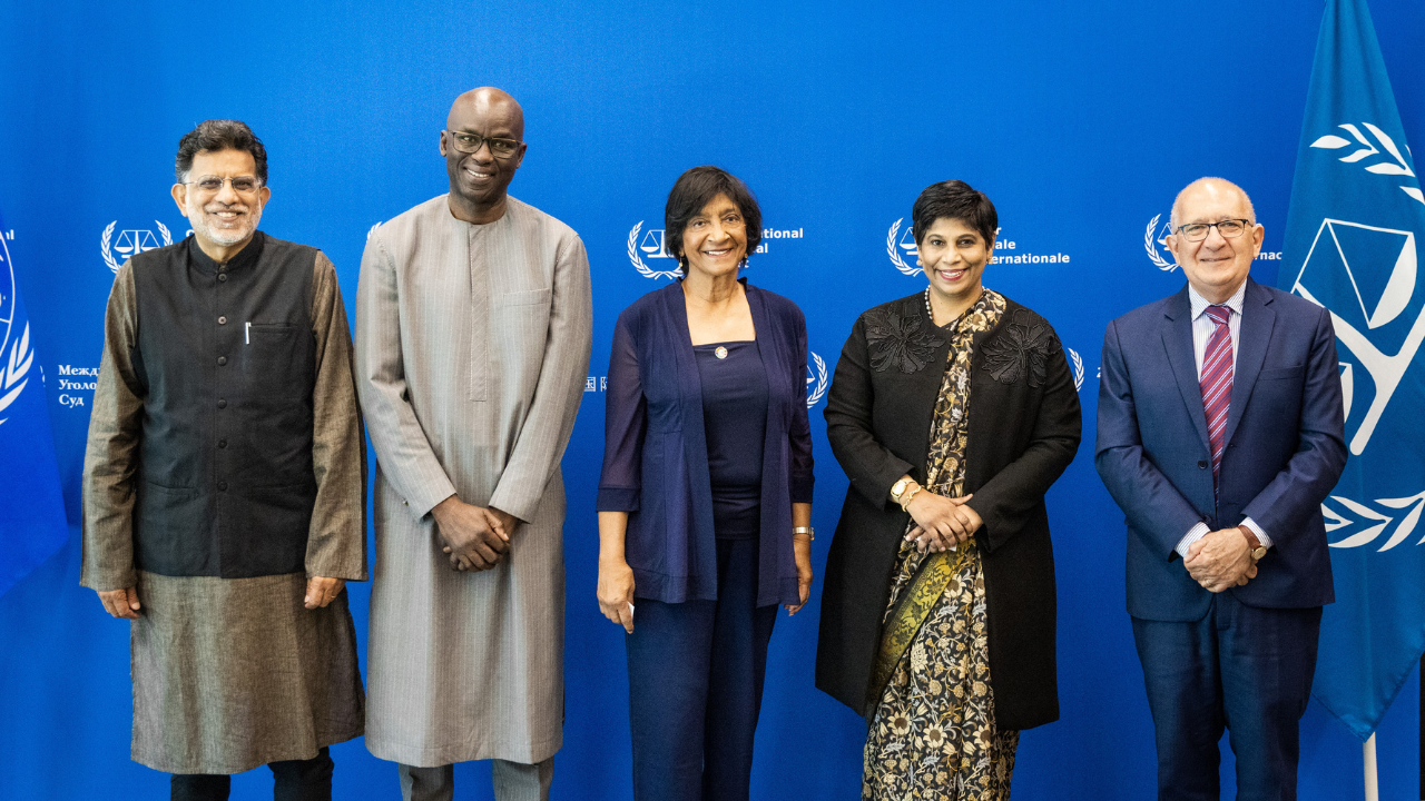 Members of the Commission of Inquiry meeting with Deputy Prosecutor Nazhat Shameem Khan and Deputy Prosecutor Mame Mandiaye Niang at the International Criminal Court in The Hague, June 2022.