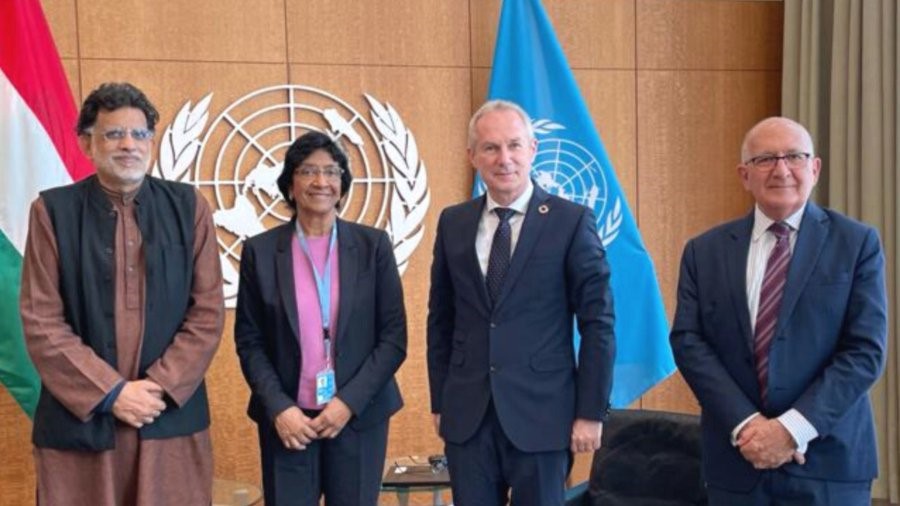 Members of the Commission of Inquiry meeting with the President of the General Assembly, Csaba Kőrösi, at UN Headquarters, 26 October 2022 © COIOPTEJ