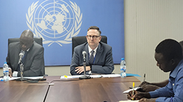 Commissioner Barney Afako and Andrew Clapham during a press conference in Juba, South Sudan – 17 February 2023