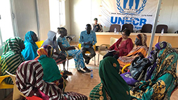Chairperson Yasmin Sooka speaking with South Sudanese widows at Kario refugee camp, East Darfur, Sudan, 10 December 2018 ©CoHRSS