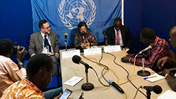 CoHRSS members Yasmin Sooka, Andrew Clapham and Barney Afako holding press conference at UNMISS HQs, Juba, South Sudan, 7 December 2018 ©CoHRSS