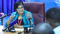 Yasmin Sooka, Chairperson of the Commission on Human Rights in South Sudan, at a press conference in Juba, South Sudan, 15 December 2017 ©UNMISS Photo