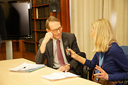 Erik Møse, Chair of the Commission of Inquiry on Ukraine, speaking to a journalist at the press conference in Geneva, 16 March 2023.