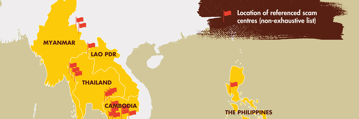 Informe de Derechos Humanos de las Naciones Unidas sobre operaciones de estafa en línea y trata de personas para obligarles a cometer delitos en Asia sudoriental. Ilustración gráfica de un mapa donde se muestras las ubicaciones de los puntos dónde se cometen las estafas. 
