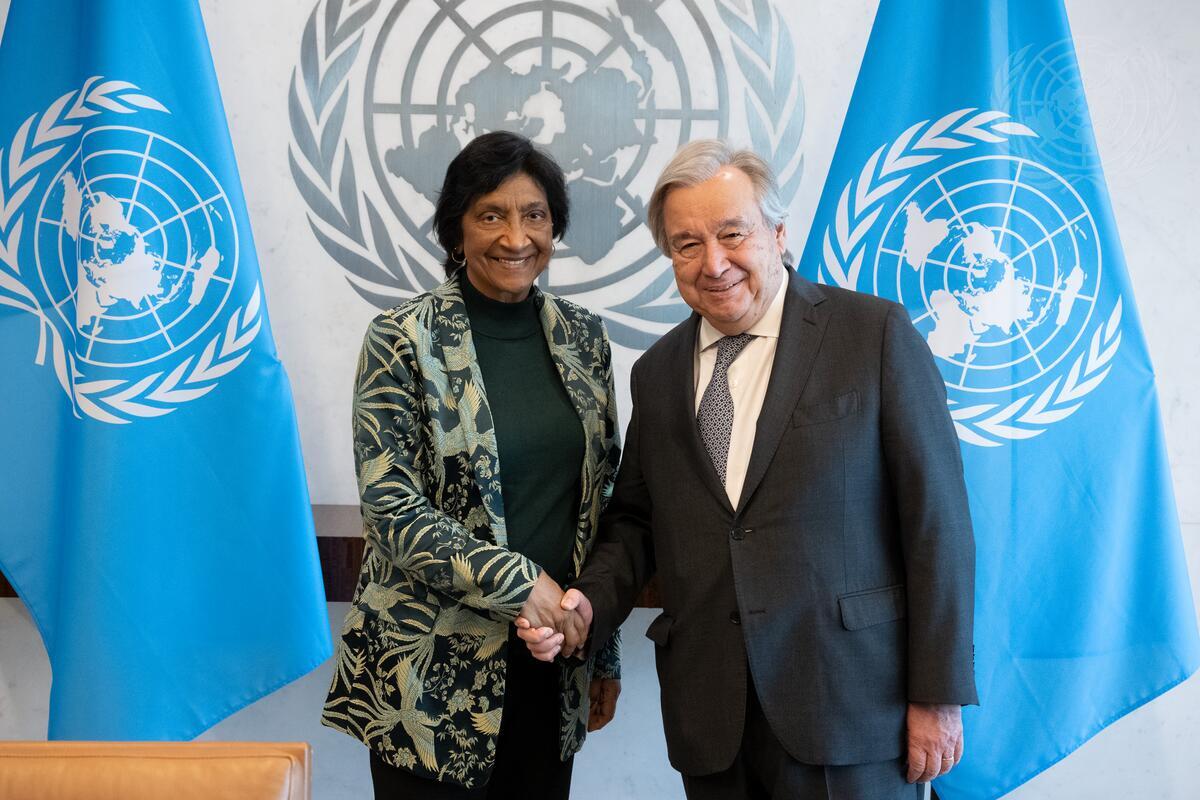 UN Secretary-General António Guterres (right) meets with Navi Pillay, Chair of the UN Independent International Commission of Inquiry on the Occupied Palestinian Territory, in New York on 25 October 2023.