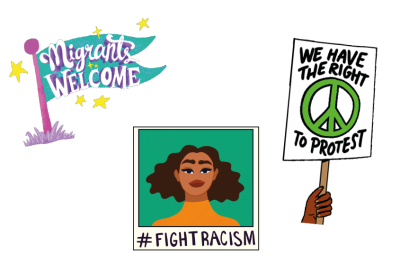 Poster with three illustrations reading ‘Migrants welcome, ‘#FightRacism’ and ‘We have the right to protest’.
