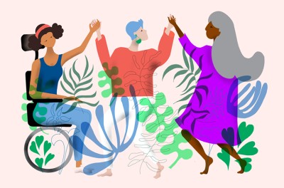 数字插图中的三位不同族裔和性别身份的女性手牵手，她们代表不同的背景和残疾人群体，周边环绕着荧光绿、橄榄绿、荧光紫和珊瑚色的植物。©人权高专办/亚历山德拉·林尼克（ALEXANDRA LINNIK）