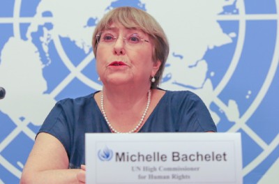 La Alta Comisionada de las Naciones Unidas para los Derechos Humanos, Michelle Bachelet, durante su conferencia de prensa del 25 de agosto © ACNUDH