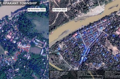 Village de Sen Zin Village, district de Mohnyin, canton de Hpakant © 21st Century Aerospace Technology (image de gauche) et Chang Guang Space Tech (image de droite). L’analyse est attribuée uniquement à UNITAR-UNOSAT.
