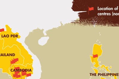 Rapport du HCDH concernant les opérations d’escroquerie en ligne et la traite des êtres humains à des fins de criminalité forcée en Asie du Sud-Est. Illustration graphique d’une carte montrant l’emplacement des centres d’escroquerie.