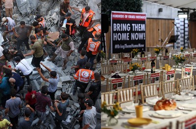À gauche : des sauveteurs et d’autres personnes retirent un corps des décombres après l’effondrement d’un bâtiment à la suite d’une attaque aérienne israélienne à Rafah, dans le sud de la bande de Gaza, le 26 octobre 2023. © SAID KHATIB/AFP. À droite : des sièges vides représentant les 220 otages à une table de shabbat sur la Piazza JW3, au nord de Londres, le 27 octobre 2023. © HENRY NICHOLLS/AF