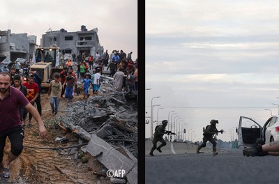 À gauche : des Palestiniens transportent le corps d’une victime des décombres après des frappes israéliennes à Rafah, dans le sud de la bande de Gaza, le 23 octobre 2023, alors que les combats se poursuivent entre Israël et le groupe palestinien Hamas. © MOHAMMED ABED/AFP. À droite : des journalistes s’abritent derrière des voitures alors que des soldats israéliens prennent position lors d’affrontements avec des combattants palestiniens près du kibboutz Gevim, à proximité de la frontière avec Gaza, le 7 oct