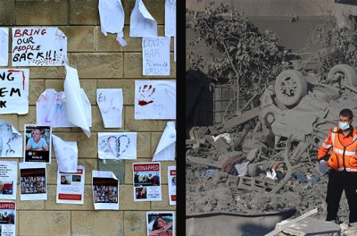 Des photos d’Israéliens et d’Israéliennes pris en otage par le groupe militant palestinien Hamas la semaine dernière lors d’une attaque-surprise en Israël sont affichées sur un mur lors d’un rassemblement devant le Ministère de la défense à Tel-Aviv, le 16 octobre 2023. © AHMAD GHARABLI/AFP