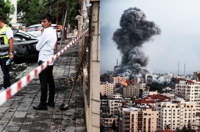 左图：2023年10月9日，以色列南部阿什杜德，人们聚集在从加沙地带向以色列发射的火箭弹落点。© 路透社／Violeta Santos Moura右图：2023年10月9日，以色列对加沙城阿尔里马尔（Al-Rimal）街区的空袭仍在继续，建筑物上空升起浓烟。Ⓒ Ali Jadallah／Anadolu Agency