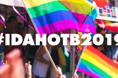 Poster for #IDAHOTB2019 over pride flags