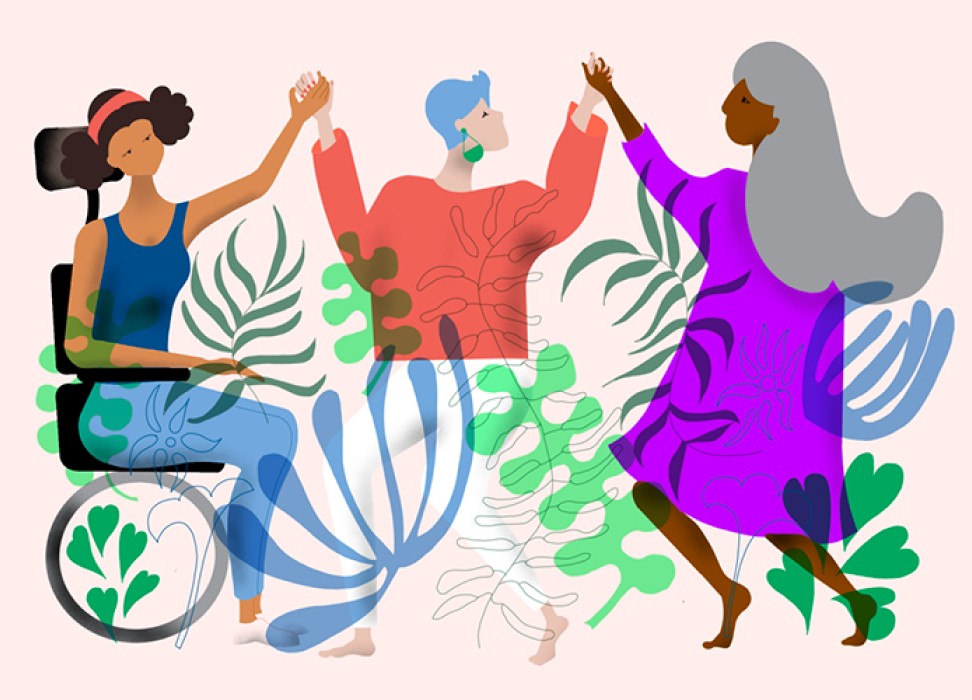 数字插图中的三位不同族裔和性别身份的女性手牵手，她们代表不同的背景和残疾人群体，周边环绕着荧光绿、橄榄绿、荧光紫和珊瑚色的植物。©人权高专办/亚历山德拉·林尼克（ALEXANDRA LINNIK）