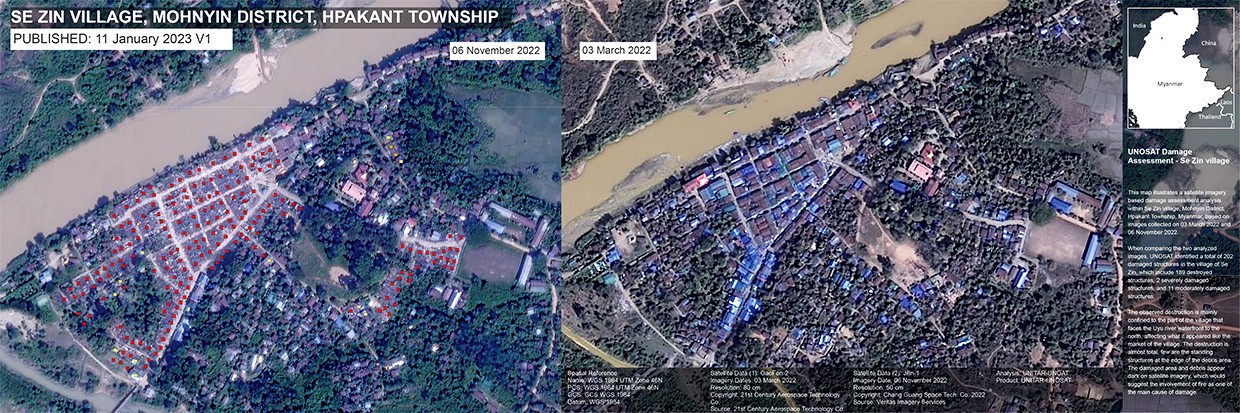 缅甸莫宁（Mohnyin）区帕甘（Hpakant）镇森辛（Sen Zin）村的卫星图像，右侧图像来自新加坡21世纪航空航天技术私人投资有限公司，左侧图像来自中国长光卫星技术股份有限公司。该分析由联合国训研所业务卫星应用方案独家提供。