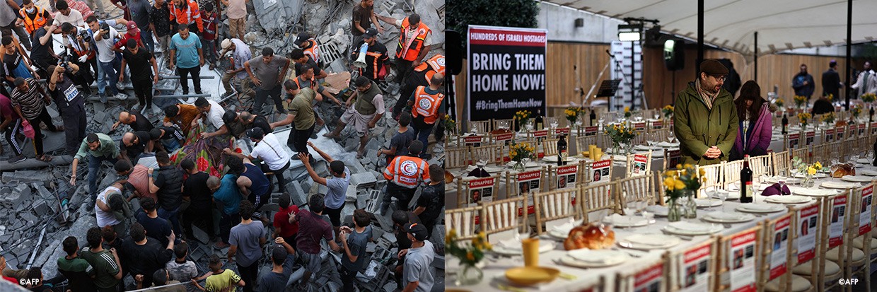 左图：2023年10月26日，以色列空袭加沙地带南部的拉法后，救援人员和民众从倒塌建筑的废墟下抬出一具遇难者遗体。图片来源：法新社/SAID KHATIB右图：2023年10月27日，伦敦北部的JW3广场摆放着“安息日”餐桌，人们看着为220名人质留出的空位。图片来源：法新社/HENRY NICHOLLS