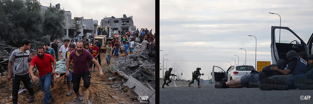A la izquierda: Palestinos cargan el cuerpo de una víctima de entre los escombros tras ataques israelíes en Rafah, al sur de la Franja de Gaza, 23 de octubre de 2023, en medio de las batallas continuas entre Israel y el grupo palestino Hamás. © MOHAMMED ABED / AFP - A la derecha: Unos periodistas se refugian detrás de coches mientras soldados israelíes toman posiciones durante los enfrentamientos con combatientes palestinos cerca del kibutz Gevim, cerca de la frontera con Gaza, 7 de octubre de 2023. © Oren