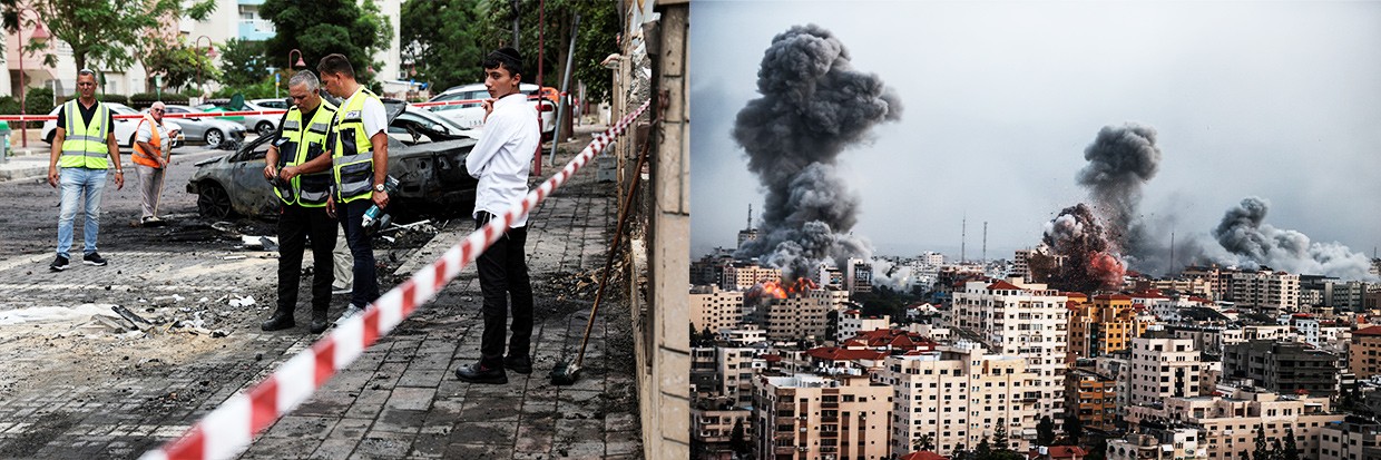 Left : People gather at the site where a rocket landed after being launched towards Israel from the Gaza Strip, in Ashdod, southern Israel, October 9, 2023. REUTERS/Violeta Santos Moura - Right: Smoke rises over the buildings as the Israeli airstrikes continue in Al-Rimal Neighbourhood of Gaza City, Gaza on October 9, 2023. Ali Jadallah / Anadolu Agency