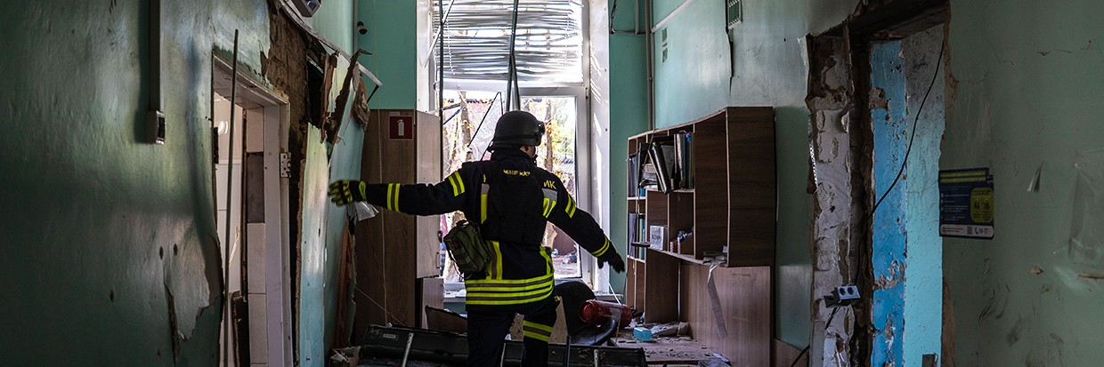 Damage after a double attack by Russian forces on a hospital in Sumy, Ukraine on September 28, 2024. Ukrainian authorities said 9 people were killed and 20 injured in the attack. 28/09/2024