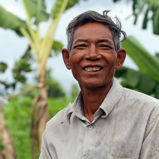 Cambodian farmer stands in front of his banana trees.