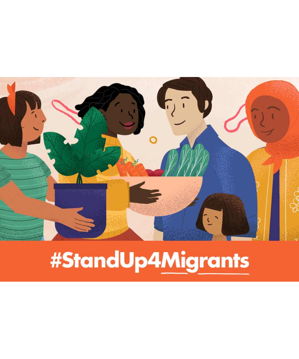 Illustration with text #StandUp4Migrants