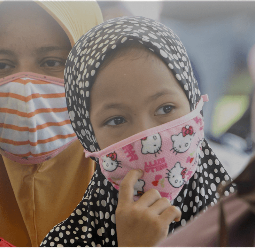 Women and children in protective face masks.