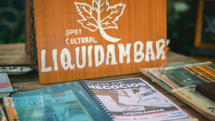 Liquidambar's sign, art center and coffee shop, project by Diego Osorio, in La Esperanza, department of Intibuca, Honduras © OHCHR Honduras
