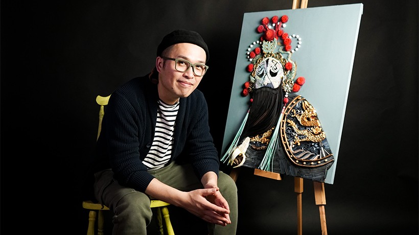 Andrew Wong with “The Emperor,” an art piece that captures the essence of a traditional opera singer, a revered art form deeply rooted in Chinese culture.