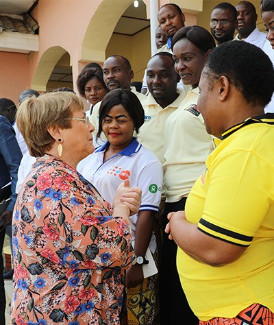 Michelle Bachelet, UN High Commissioner for Human Rights, visits survivors of conflict related sexual violence and staff at SOFEPADI’s Karibuni Wa Mama centre in Bunia, Ituri, DR Congo, 23 January 2020. 