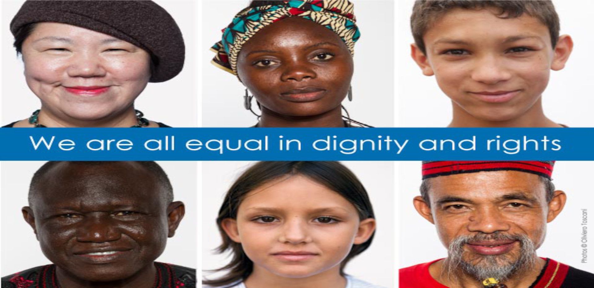 Collage of 6 profile photos showing a diverse group of people with a text that reads ‘We are all equal in dignity and rights’