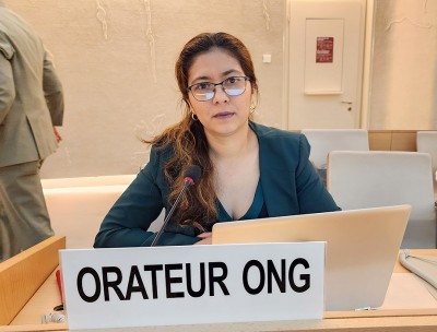 Wendy Flores, Nicaraguan human rights defender presenting report at the 55th session of the Human Rights Council. © Colectivo Nicaragua Nunca Más