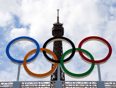 The Olympic symbol is displayed at a venue of the Beach Volleyball, the Eiffel Tower Stadium, in Paris, France, on July 10, 2024. © Reuters