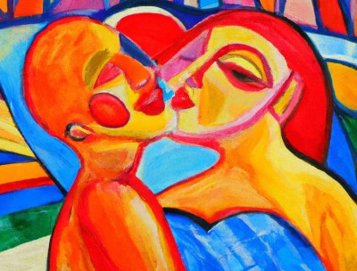 A colourful painting representing two figures embracing