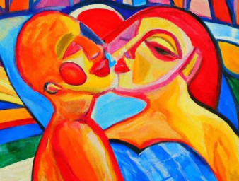 A colourful painting representing two figures embracing