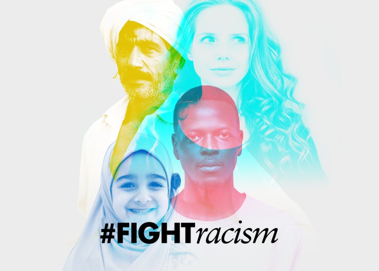 #FightRacism poster featuring portraits of 4 diverse people