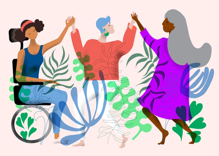 A digital illustration of three women of diverse ethnic and gender presenting backgrounds and disability, holding hands. Flora in neon green, olive green, neon purple and coral is overlaid. OHCHR/ALEXANDRA LINNIK
